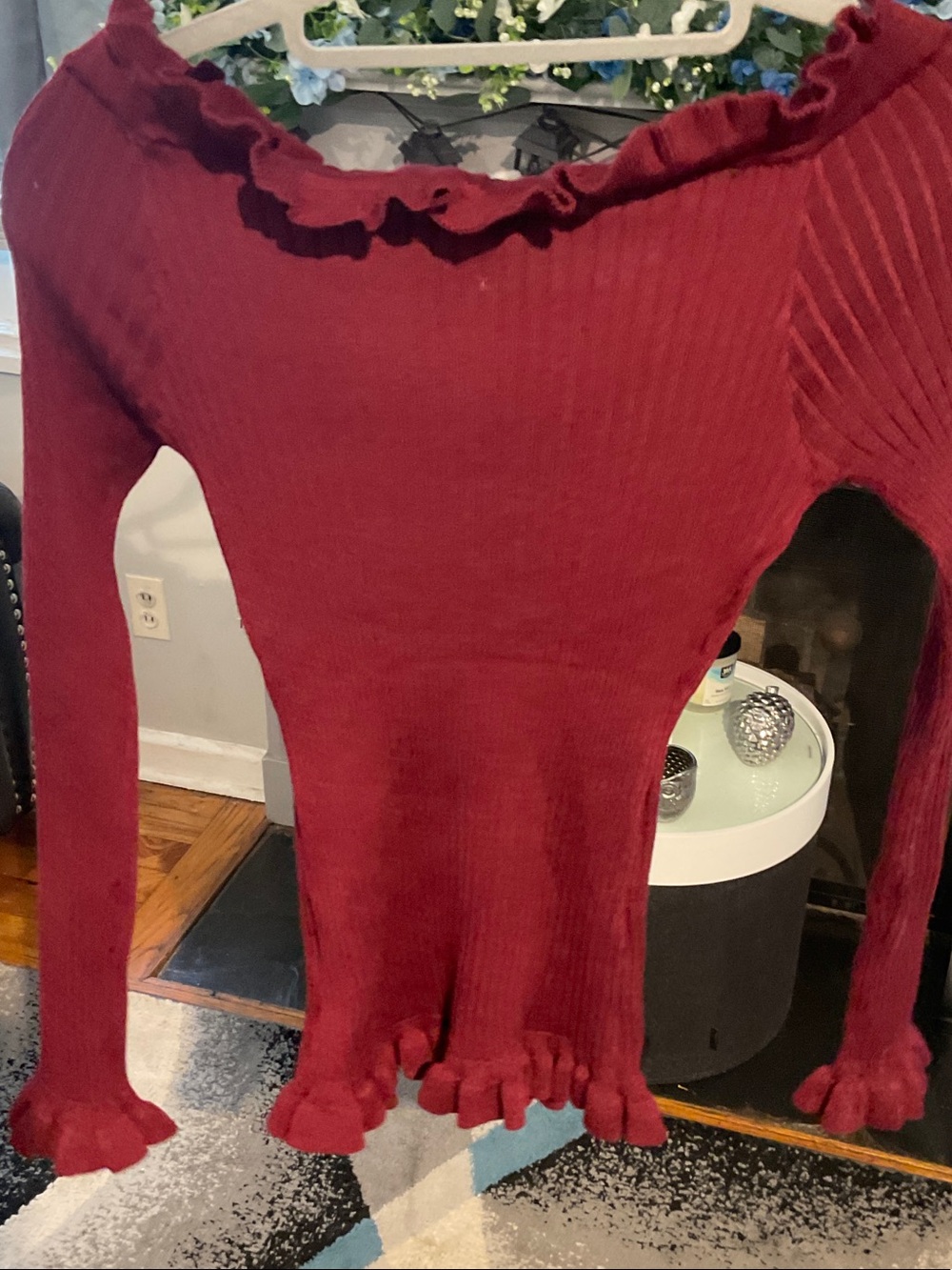 New Look Ribbed Ruffle Off-Shoulder Top - Wine - Picture 4 of 5